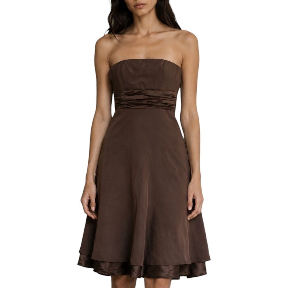Size 8 formal vintage Bari Jay Brown Strapless Chiffon Midi Dress with bow